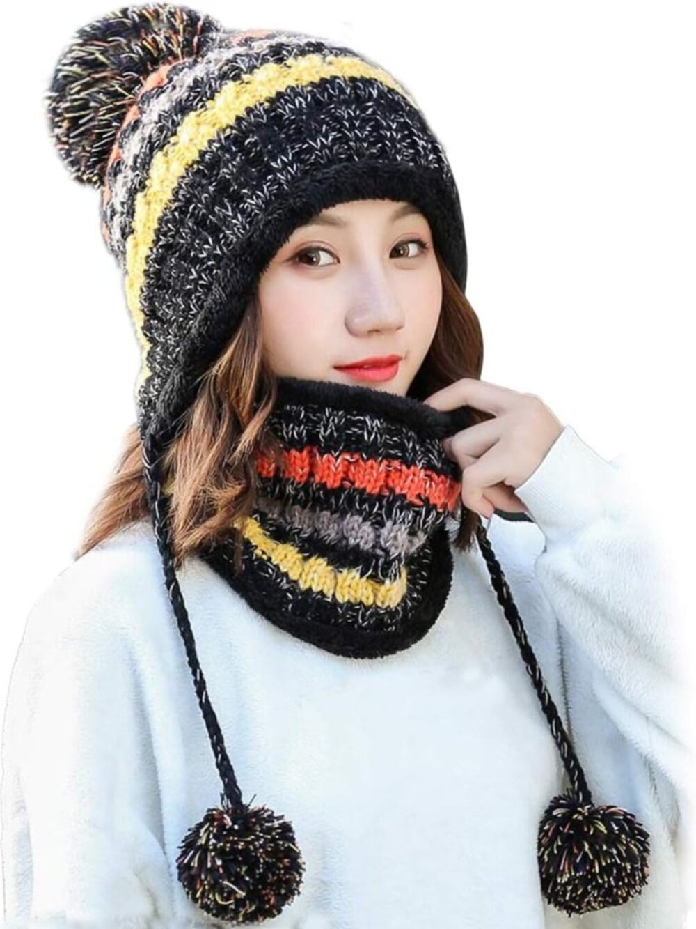 Cozy Winter Knit Beanie & Circle Scarf Set with Pompoms & Ear Flaps for Women